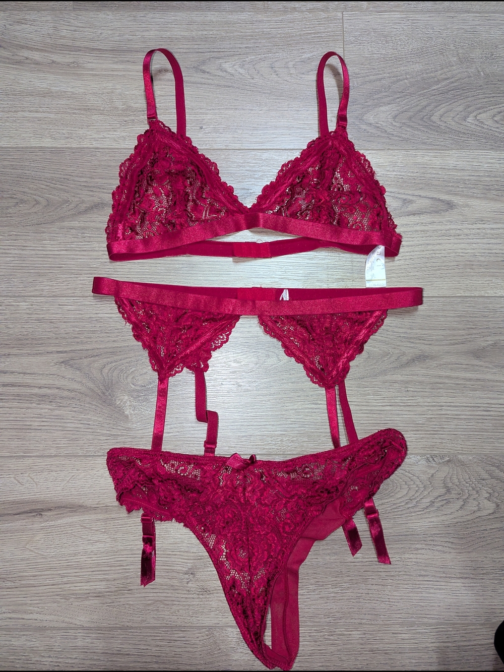Red Lace Three-Piece Lingerie Set with Garter Straps